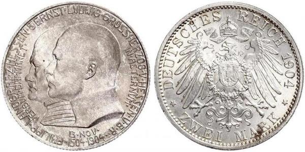 2 Mark Grand Duchy of Hesse (1806 - 1918) Silver Ernest Louis, Grand Duke of Hesse (1868 - 1937)