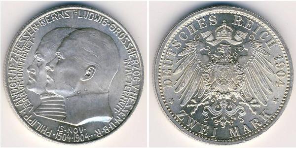 2 Mark Grand Duchy of Hesse (1806 - 1918) Silver Ernest Louis, Grand Duke of Hesse (1868 - 1937)