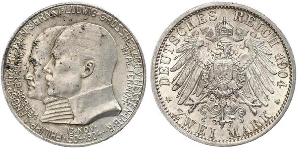 2 Mark Grand Duchy of Hesse (1806 - 1918) Silver Ernest Louis, Grand Duke of Hesse (1868 - 1937)