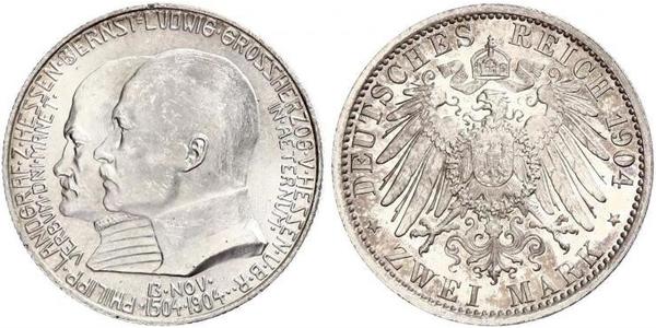 2 Mark Grand Duchy of Hesse (1806 - 1918) Silver Ernest Louis, Grand Duke of Hesse (1868 - 1937)