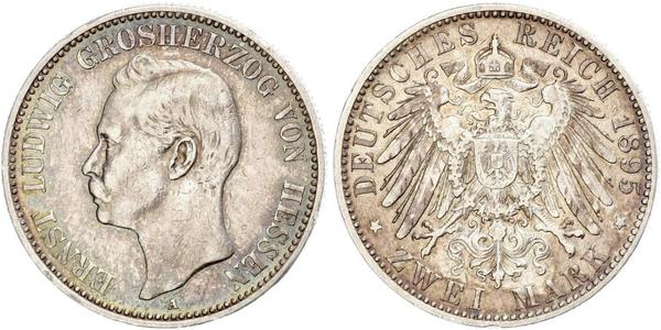 2 Mark Grand Duchy of Hesse (1806 - 1918) Silver Ernest Louis, Grand Duke of Hesse (1868 - 1937)