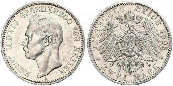 2 Mark Grand Duchy of Hesse (1806 - 1918) Silver Ernest Louis, Grand Duke of Hesse (1868 - 1937)