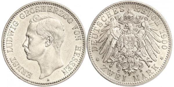 2 Mark Grand Duchy of Hesse (1806 - 1918) Silver Ernest Louis, Grand Duke of Hesse (1868 - 1937)