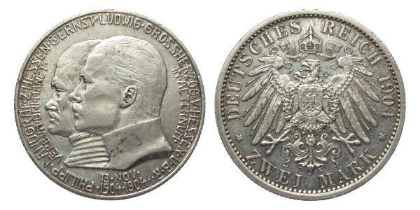 2 Mark Grand Duchy of Hesse (1806 - 1918) Silver Ernest Louis, Grand Duke of Hesse (1868 - 1937)