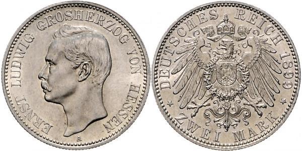 2 Mark Grand Duchy of Hesse (1806 - 1918) Silver Ernest Louis, Grand Duke of Hesse (1868 - 1937)
