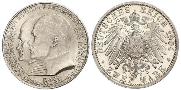 2 Mark Grand Duchy of Hesse (1806 - 1918) Silver Ernest Louis, Grand Duke of Hesse (1868 - 1937)