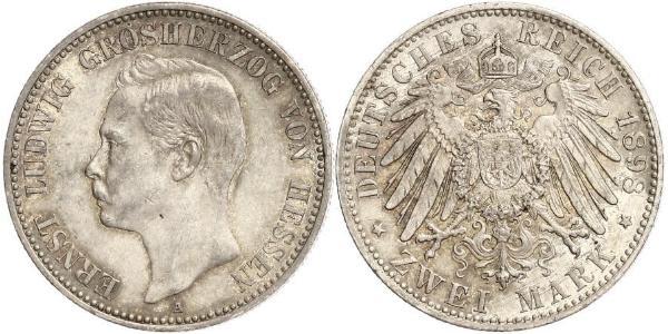 2 Mark Grand Duchy of Hesse (1806 - 1918) Silver Ernest Louis, Grand Duke of Hesse (1868 - 1937)