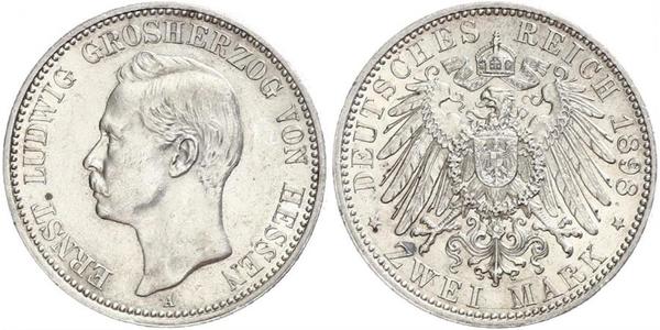 2 Mark Grand Duchy of Hesse (1806 - 1918) Silver Ernest Louis, Grand Duke of Hesse (1868 - 1937)