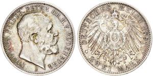 2 Mark Grand Duchy of Oldenburg (1814 - 1918) Silver Peter II, Grand Duke of Oldenburg (1827 - 1900)