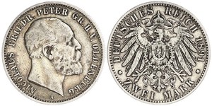 2 Mark Grand Duchy of Oldenburg (1814 - 1918) Silver Peter II, Grand Duke of Oldenburg (1827 - 1900)