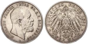 2 Mark Grand Duchy of Oldenburg (1814 - 1918) Silver Peter II, Grand Duke of Oldenburg (1827 - 1900)