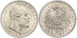 2 Mark Grand Duchy of Oldenburg (1814 - 1918) Silver Peter II, Grand Duke of Oldenburg (1827 - 1900)