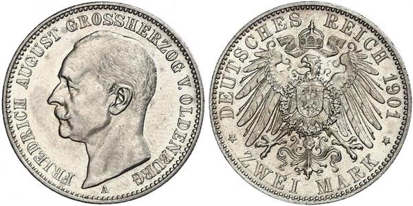 2 Mark Grand Duchy of Oldenburg (1814 - 1918) Silver Frederick Augustus III of Saxony (1865-1932)
