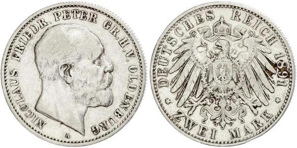 2 Mark Grand Duchy of Oldenburg (1814 - 1918) Silver Peter II, Grand Duke of Oldenburg (1827 - 1900)