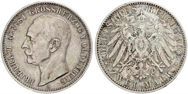 2 Mark Grand Duchy of Oldenburg (1814 - 1918) Silver Frederick Augustus III of Saxony (1865-1932)