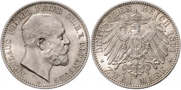 2 Mark Grand Duchy of Oldenburg (1814 - 1918) Silver Peter II, Grand Duke of Oldenburg (1827 - 1900)