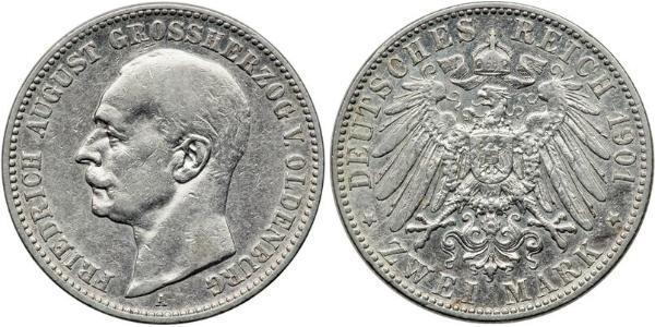 2 Mark Grand Duchy of Oldenburg (1814 - 1918) Silver Frederick Augustus III of Saxony (1865-1932)