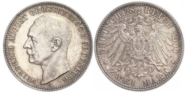 2 Mark Grand Duchy of Oldenburg (1814 - 1918) Silver Frederick Augustus III of Saxony (1865-1932)