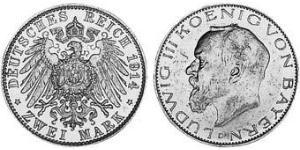 2 Mark Kingdom of Bavaria (1806 - 1918) Silver Ludwig III of Bavaria (1845 – 1921)