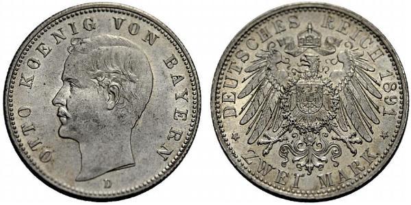 2 Mark Kingdom of Bavaria (1806 - 1918) Silver Otto of Bavaria (1848 – 1916)