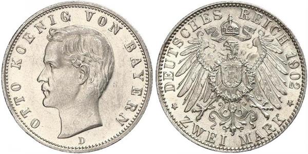 2 Mark Kingdom of Bavaria (1806 - 1918) Silver Otto of Bavaria (1848 – 1916)