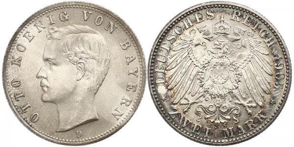 2 Mark Kingdom of Bavaria (1806 - 1918) Silver Otto of Bavaria (1848 – 1916)