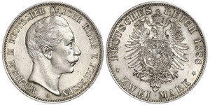 2 Mark Kingdom of Prussia (1701-1918) Silver Wilhelm II, German Emperor (1859-1941)