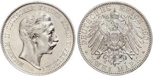 2 Mark Kingdom of Prussia (1701-1918) Silver Wilhelm II, German Emperor (1859-1941)