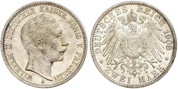 2 Mark Kingdom of Prussia (1701-1918) Silver Wilhelm II, German Emperor (1859-1941)