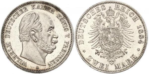 2 Mark Kingdom of Prussia (1701-1918) Silver Wilhelm I, German Emperor (1797-1888)