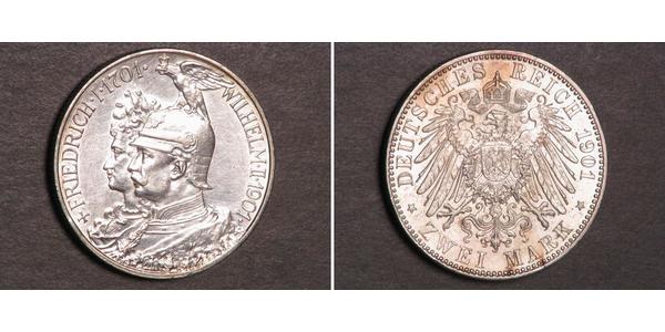 2 Mark Kingdom of Prussia (1701-1918) Silver Wilhelm II, German Emperor (1859-1941)