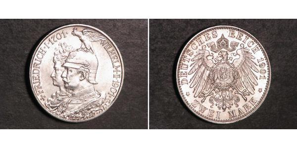 2 Mark Kingdom of Prussia (1701-1918) Silver Wilhelm II, German Emperor (1859-1941)