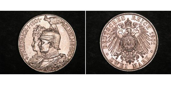 2 Mark Kingdom of Prussia (1701-1918) Silver Wilhelm II, German Emperor (1859-1941)