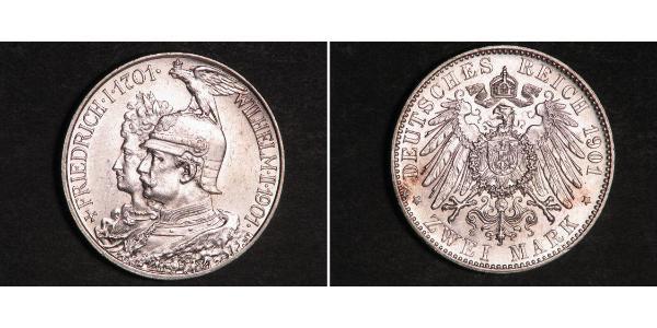 2 Mark Kingdom of Prussia (1701-1918) Silver Wilhelm II, German Emperor (1859-1941)