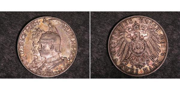2 Mark Kingdom of Prussia (1701-1918) Silver Wilhelm II, German Emperor (1859-1941)