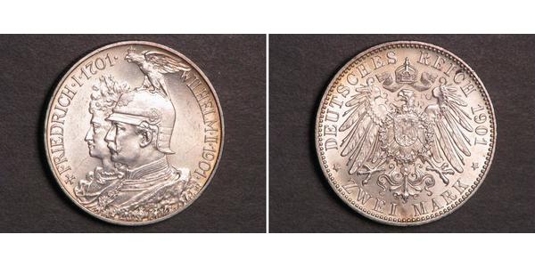 2 Mark Kingdom of Prussia (1701-1918) Silver Wilhelm II, German Emperor (1859-1941)