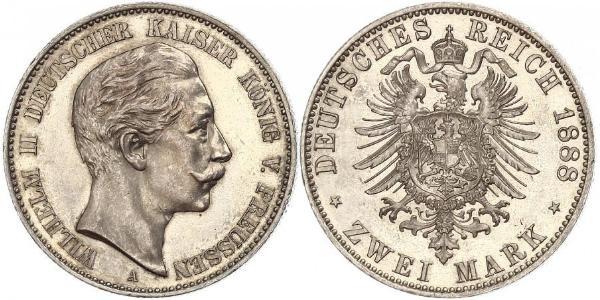 2 Mark Kingdom of Prussia (1701-1918) Silver Wilhelm II, German Emperor (1859-1941)