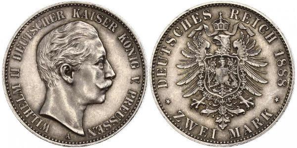 2 Mark Kingdom of Prussia (1701-1918) Silver Wilhelm II, German Emperor (1859-1941)