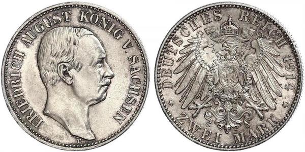 2 Mark Kingdom of Saxony (1806 - 1918) Silver Frederick Augustus III of Saxony (1865-1932)