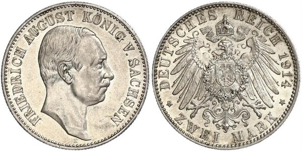 2 Mark Kingdom of Saxony (1806 - 1918) Silver Frederick Augustus III of Saxony (1865-1932)