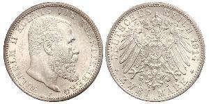 2 Mark Kingdom of Württemberg (1806-1918) Silver Wilhelm II, German Emperor (1859-1941)