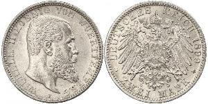 2 Mark Kingdom of Württemberg (1806-1918) Silver Wilhelm II, German Emperor (1859-1941)