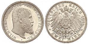 2 Mark Kingdom of Württemberg (1806-1918) Silver Wilhelm II, German Emperor (1859-1941)