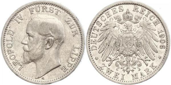 2 Mark Principality of Lippe (1123 - 1918) Silver Leopold IV, Prince of Lippe