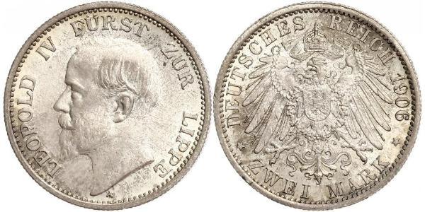 2 Mark Principality of Lippe (1123 - 1918) Silver Leopold IV, Prince of Lippe