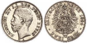 2 Mark Principality of Reuss-Greiz (1778 - 1918) Silver Heinrich XIV, Prince Reuss Younger Line