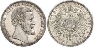 2 Mark Principality of Reuss-Greiz (1778 - 1918) Silver Heinrich XXII (1859 - 1902)