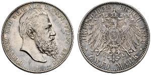 2 Mark Principality of Reuss-Greiz (1778 - 1918) Silver Heinrich XXII (1859 - 1902)