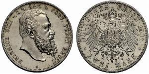 2 Mark Principality of Reuss-Greiz (1778 - 1918) Silver Heinrich XXII (1859 - 1902)