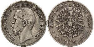 2 Mark Principality of Reuss-Greiz (1778 - 1918) Silver Heinrich XIV, Prince Reuss Younger Line